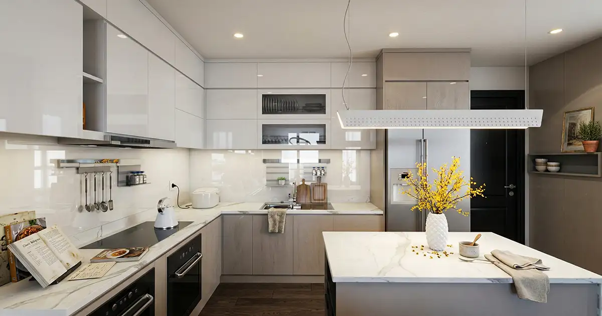 Clean lines and warm textures define this contemporary kitchen, seamlessly blending high-gloss finishes with natural wood tones.