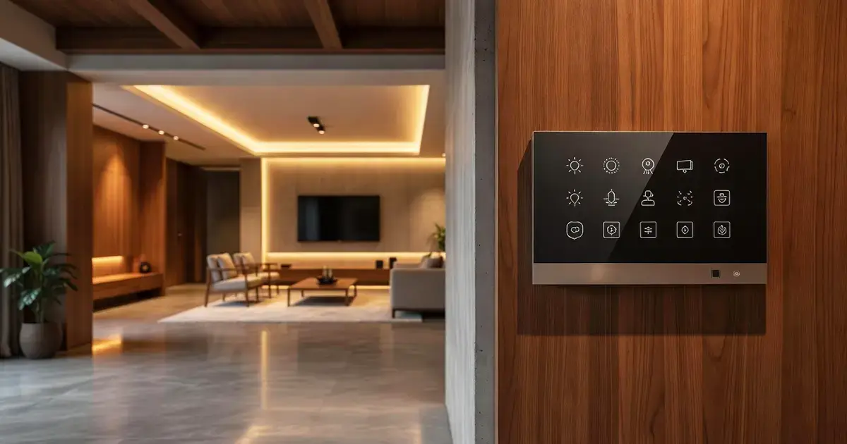Centralize your home's lighting, security, and climate with a sleek, wall-mounted smart control panel.