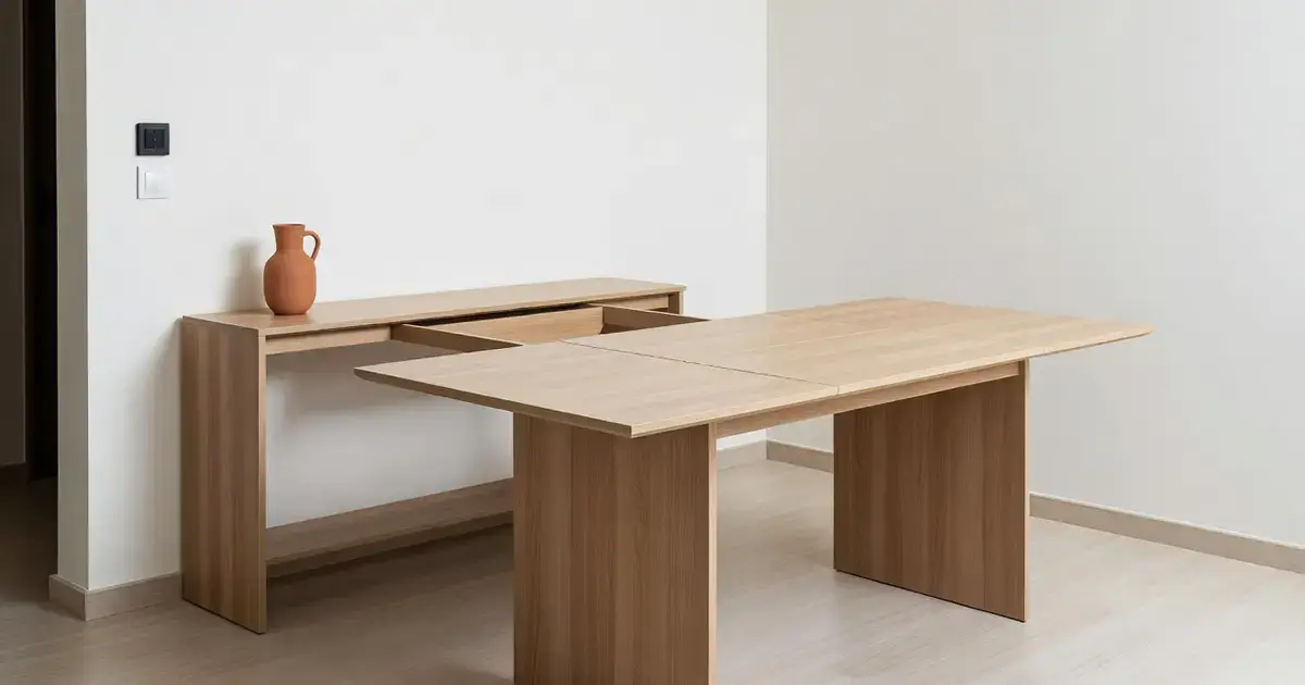Light oak console table partially extended into a large dining table against a minimalist white wall.