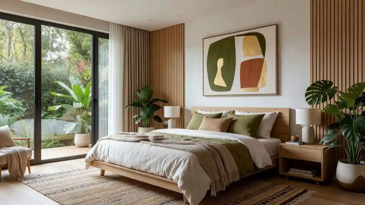 A modern biophilic master bedroom featuring light wood paneling, organic artwork, and a large potted monstera plant.