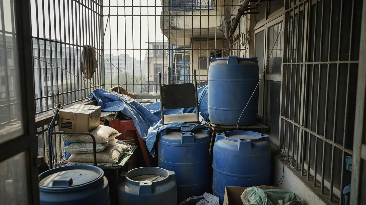 An enclosed apartment balcony used for storage, heavily cluttered with large blue water drums, grain sacks, cardboard boxes, and an old chair.