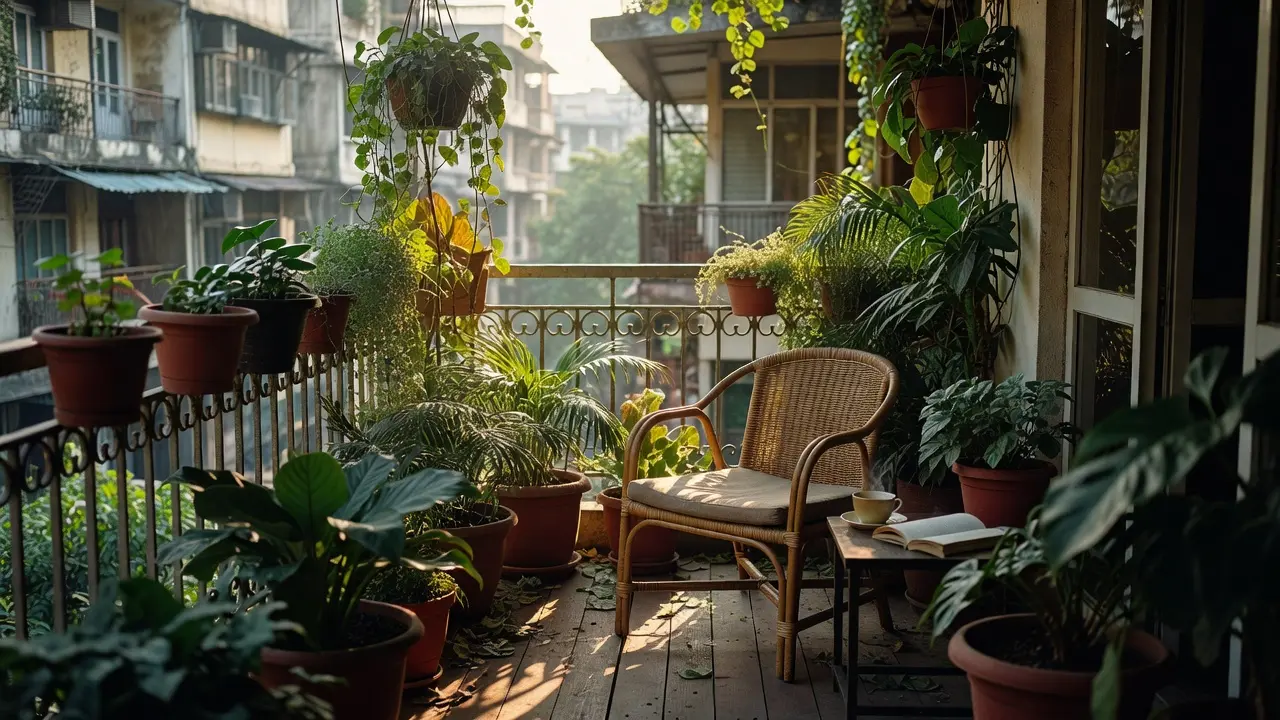 A sunlit apartment balcony transformed into a lush urban garden with numerous potted plants, a comfortable rattan armchair, and a small side table holding a coffee cup and a book.