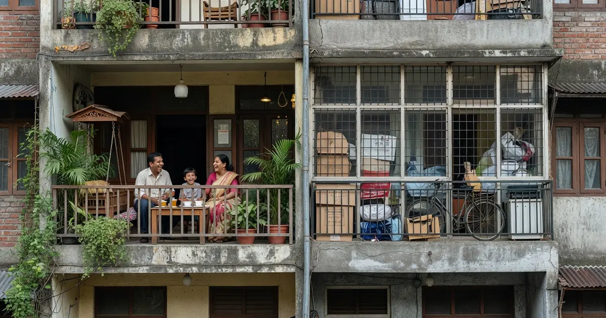 A stark contrast between a well-designed outdoor living space and a balcony used strictly for hoarding storage.