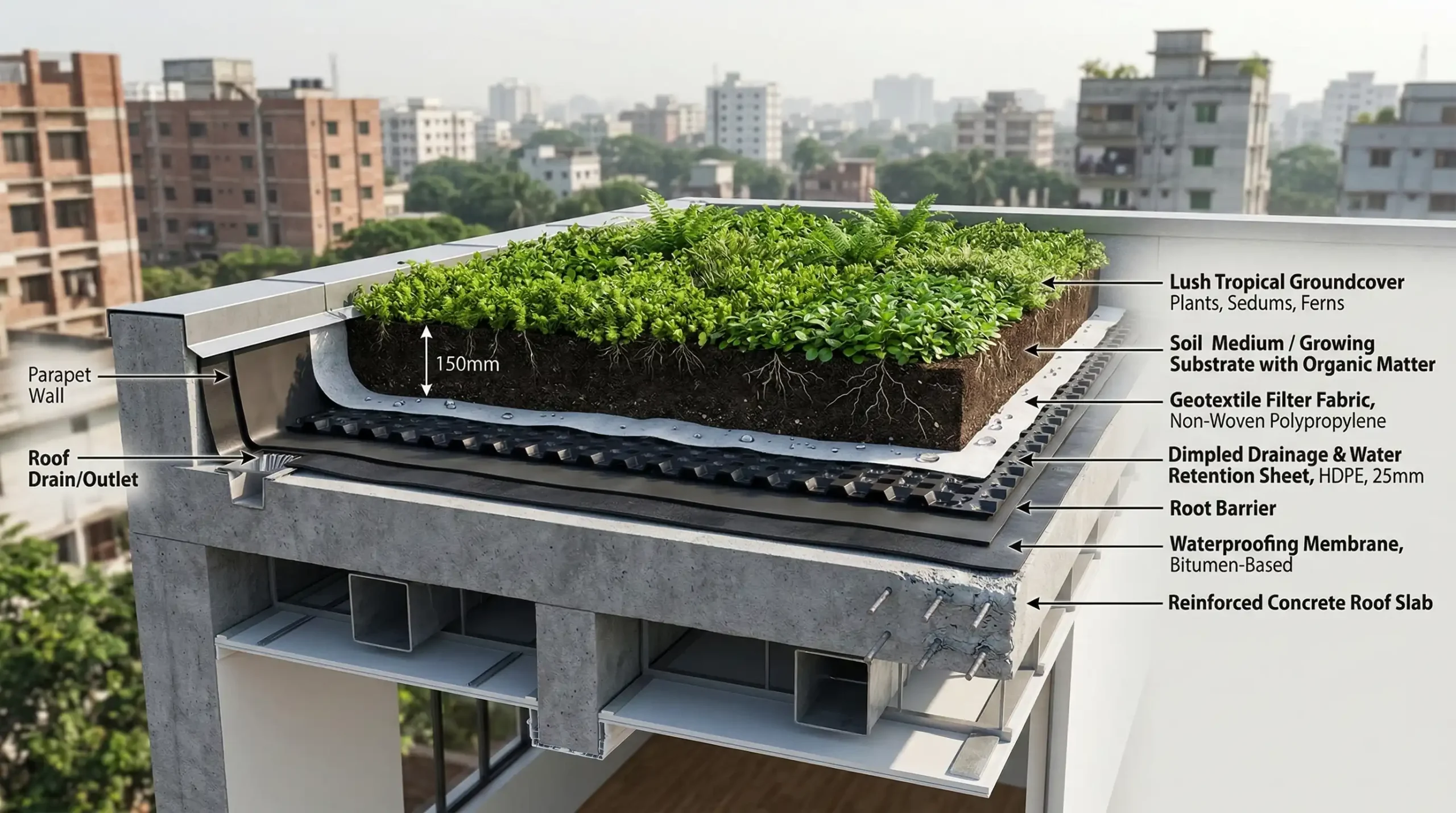 Cross-section diagram showing the waterproofing and soil layers of a green roof