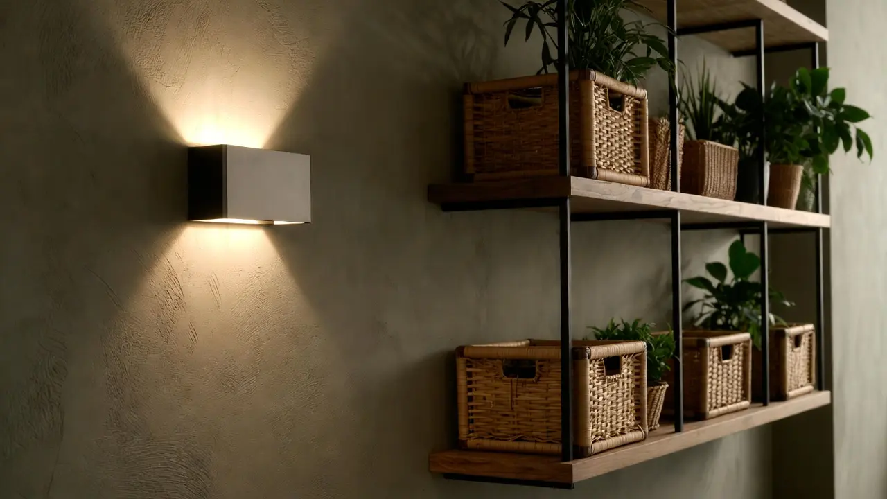 Detailed view of warm ambient wall lighting and natural textures like bamboo baskets on a floating shelf.