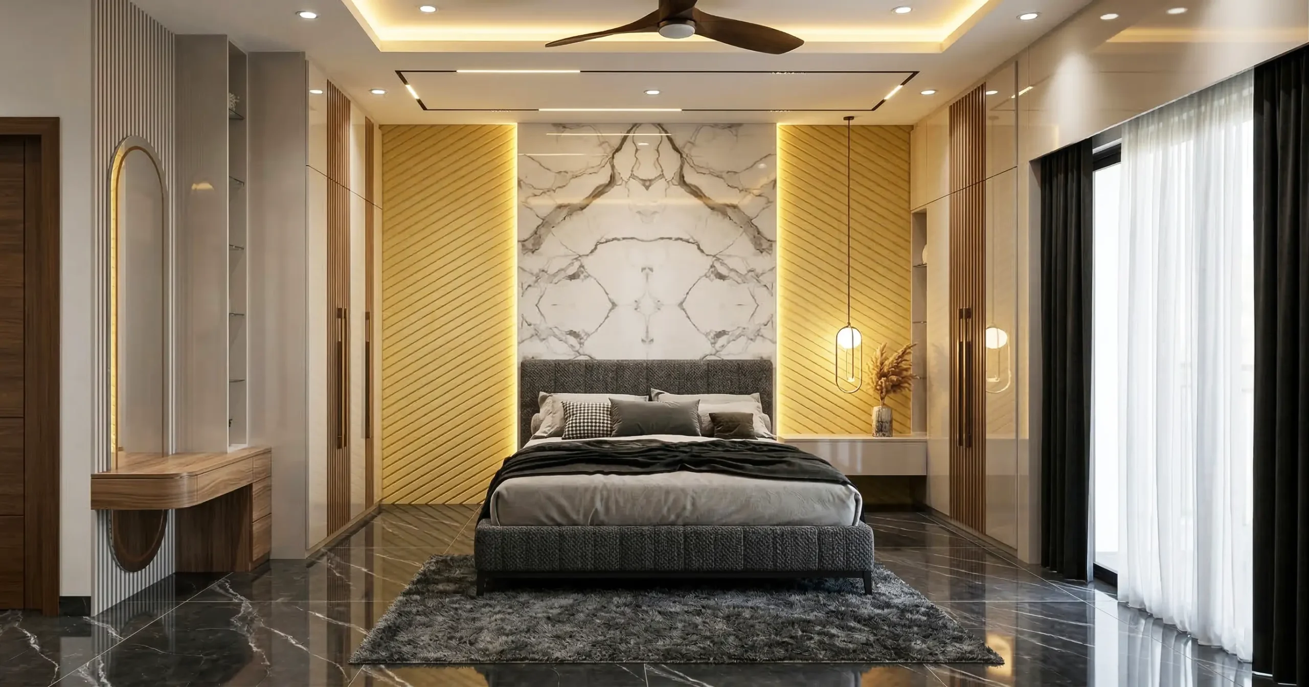 A bold and luxurious master suite featuring striking material contrasts and custom built-ins.