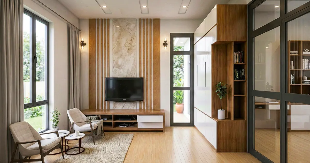 A sleek entertainment console with integrated storage and a striking marble-textured backdrop.