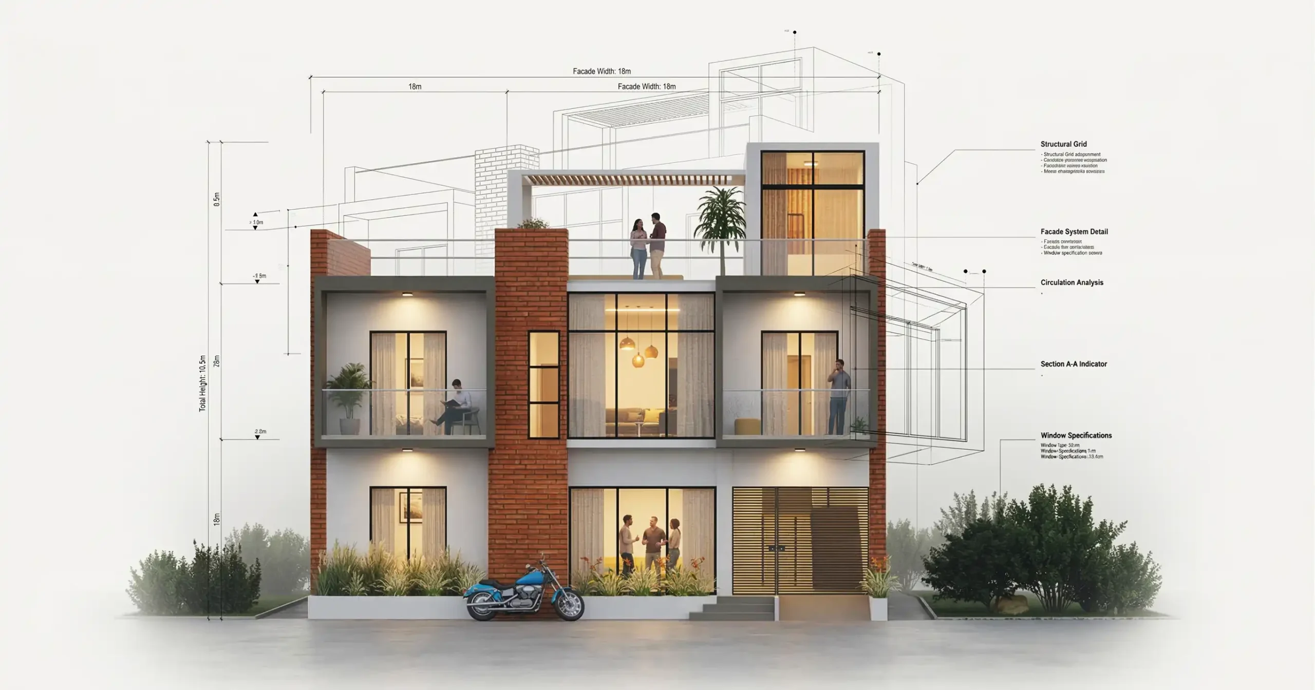 Technical front elevation rendering detailing the facade system, structural grid, and dimensions of a modern brick and concrete home.