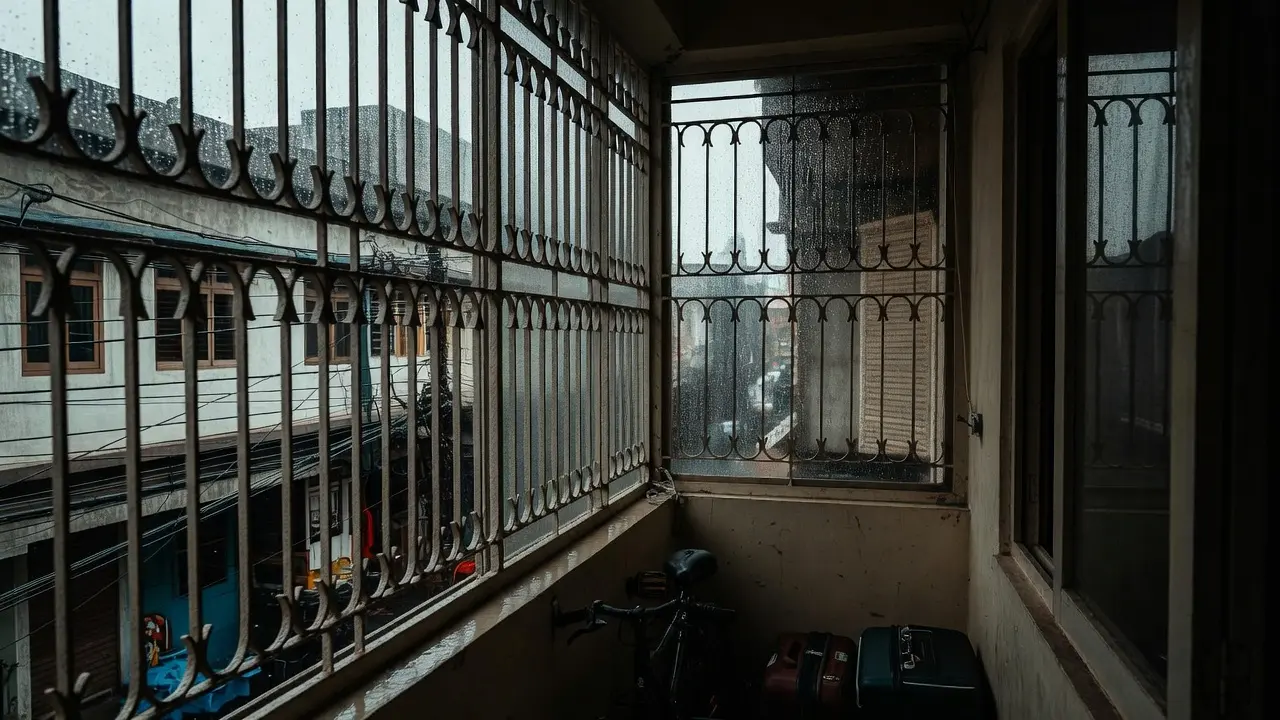 A dark, enclosed balcony with traditional decorative metal grilles looking out onto a rainy city street. A bicycle and luggage are stored in the shadowy corner.