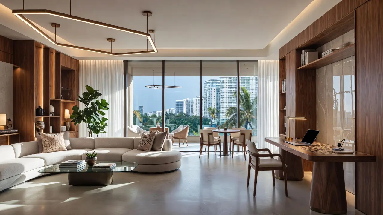 High-end modern open-plan living and working space in an urban apartment, professionally designed by ENSO.