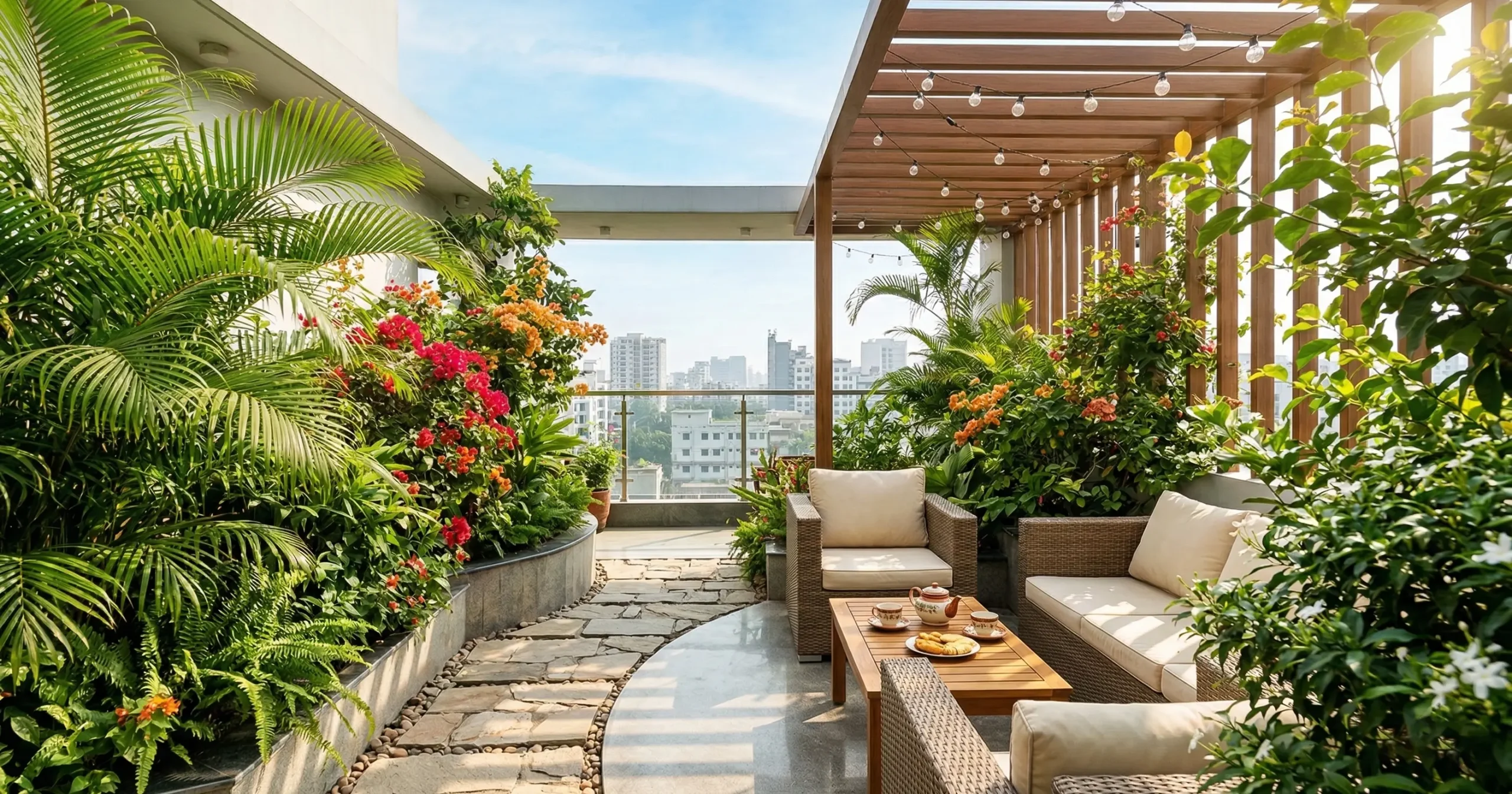 Cozy outdoor seating area with lights in a modern rooftop space
