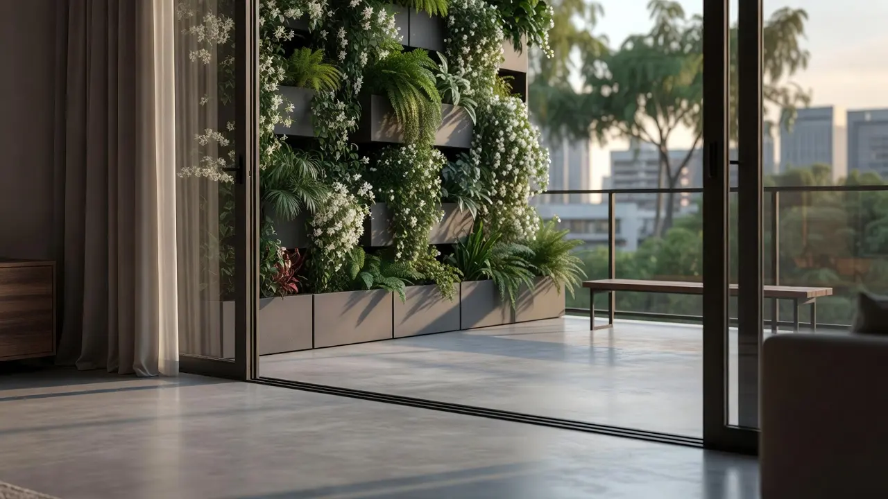 A seamless flooring transition from a modern living room to a balcony featuring integrated planter boxes and a green wall.