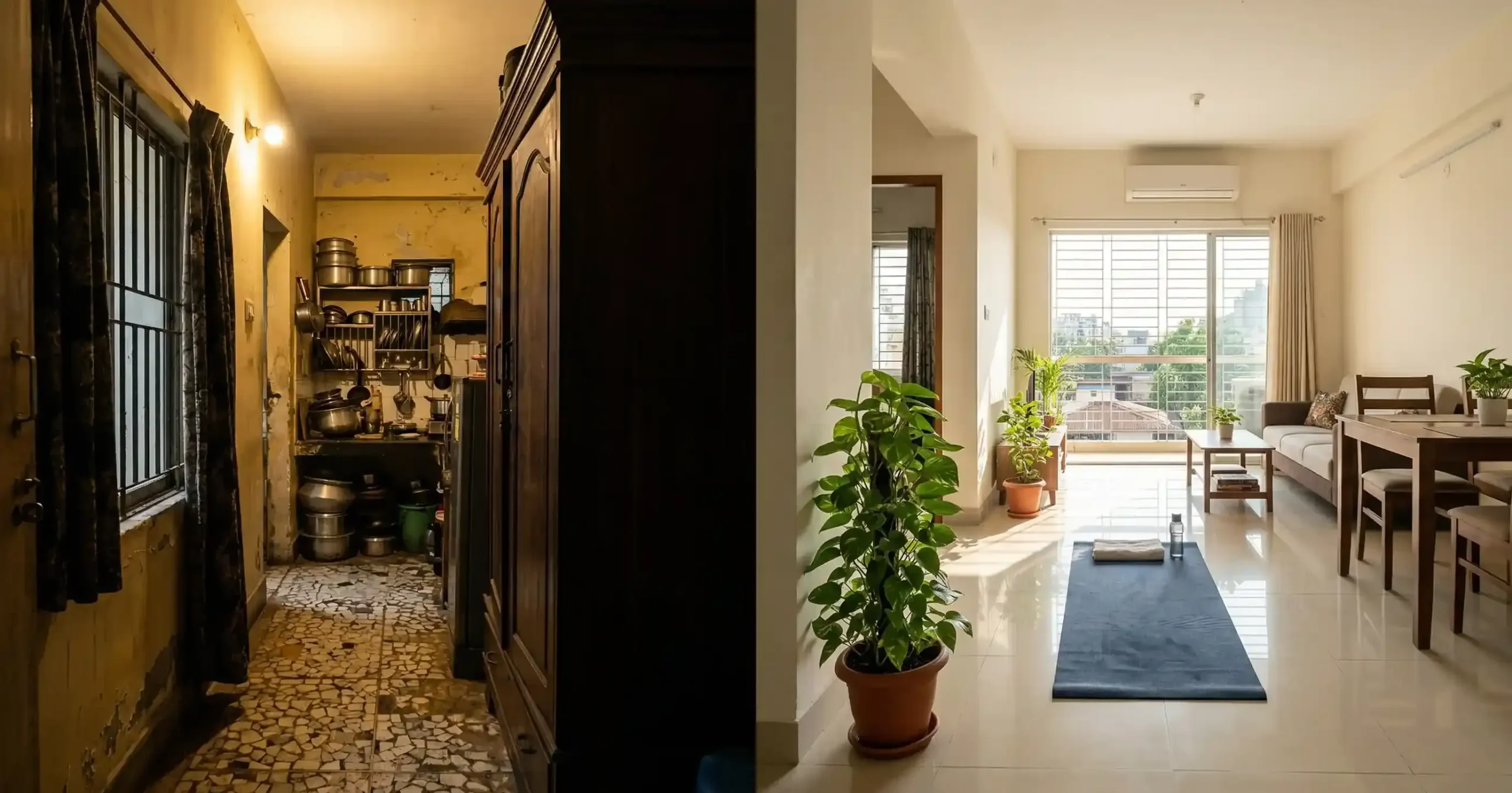 একই বাড়ি, দুটি রুপ: বিশৃঙ্খলা বনাম প্রশান্তি।