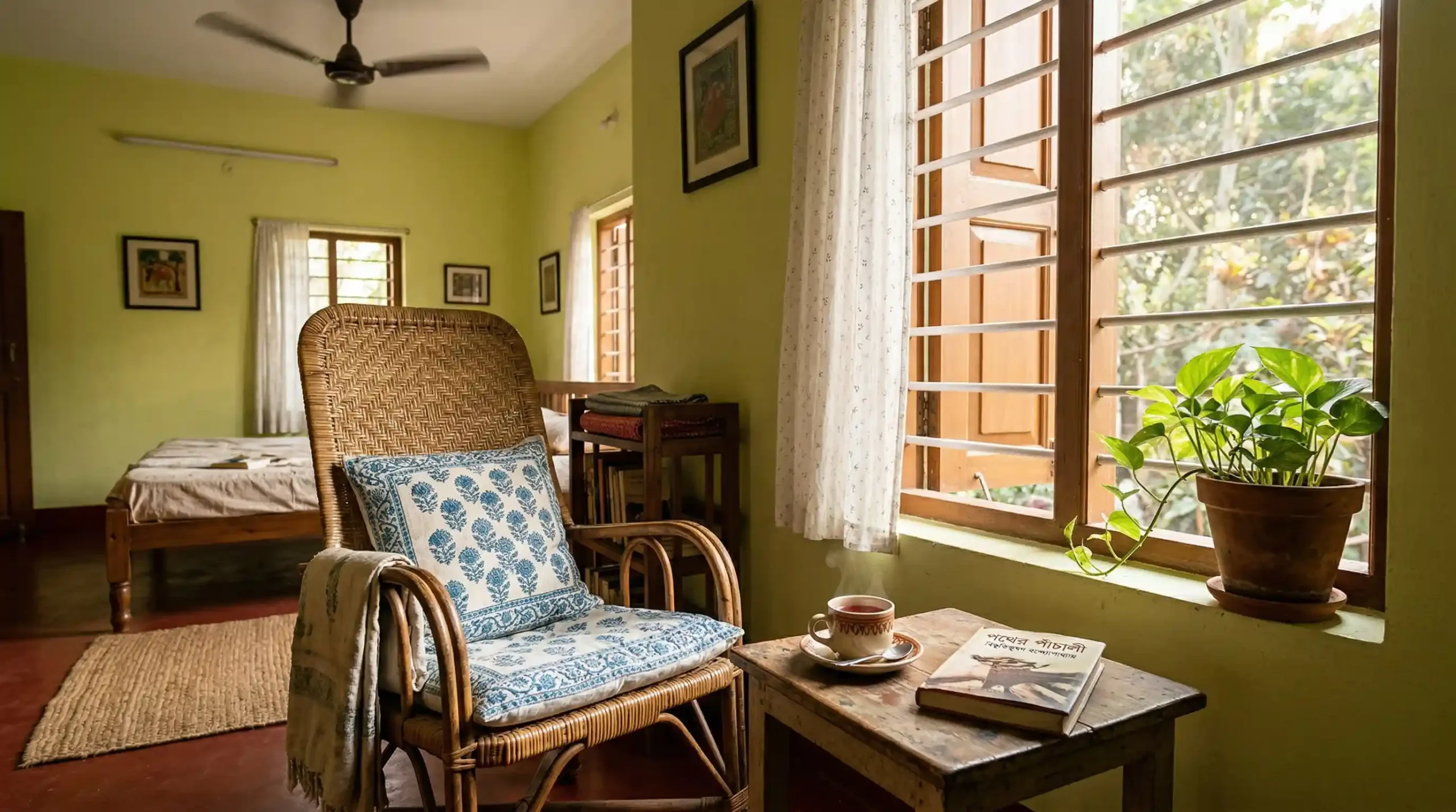A peaceful bedroom corner in a Dhaka flat. A comfortable cane chair has patterned cotton cushions. Warm light filters through a sheer curtain over a half-open barred window. A potted Pothos plant, a ceramic mug of 'Rong Cha' on a wooden table, and a book in Bengali are visible. No electronic devices.