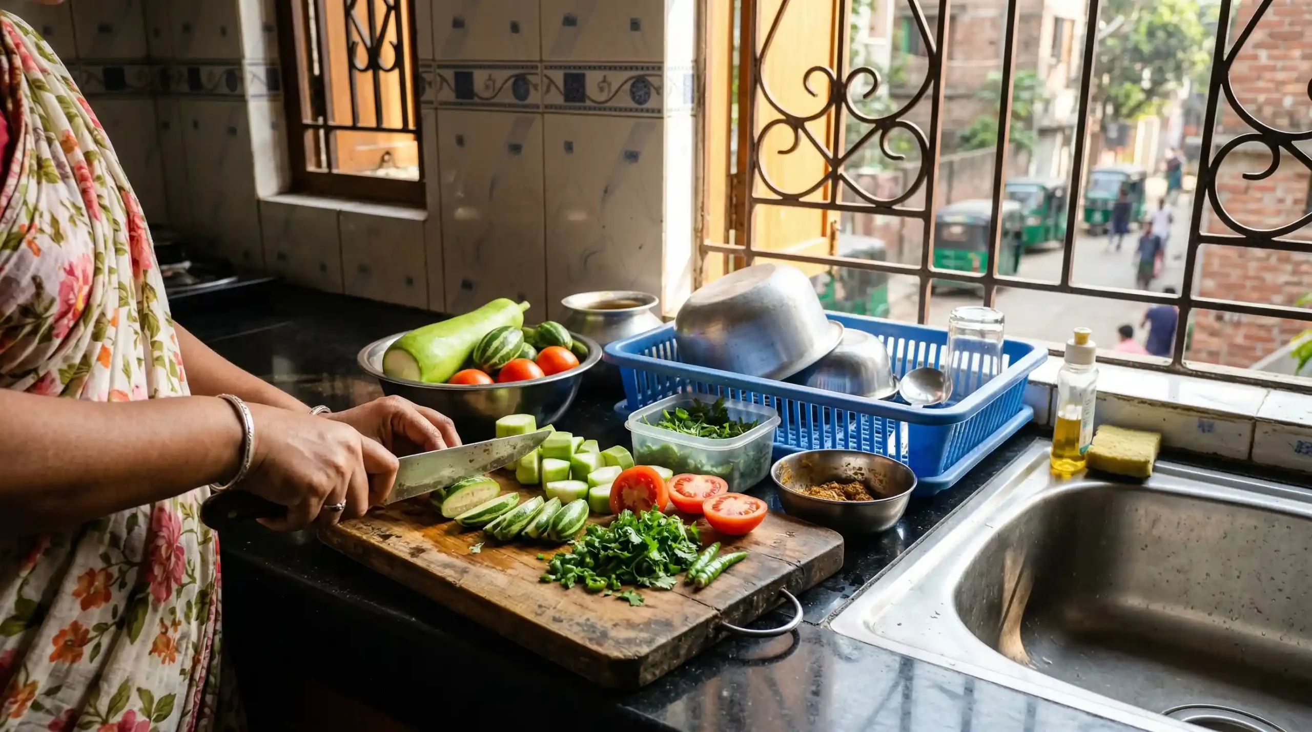 A close-up photograph of a Bangladeshi basha bari kitchen. A wooden chopping board holds freshly sliced bottle gourd, pointed gourd, and tomatoes. A hand holds a steel chef's knife. Sunlight streams through a window with iron security bars, illuminating green cilantro in a colander on a polished black granite counter.
