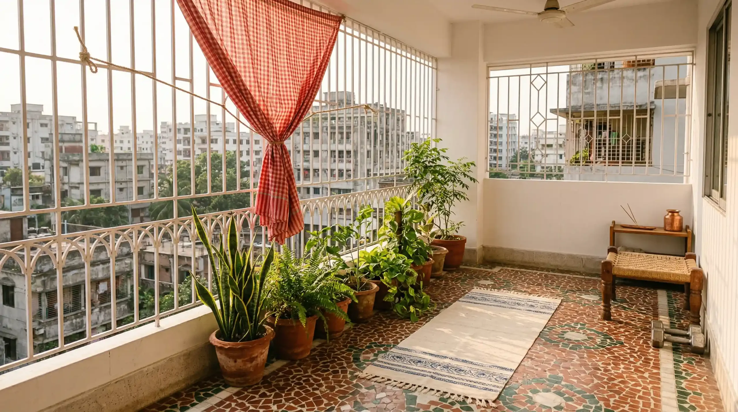 A dedicated yoga and fitness nook on a mosaic-floored balcony of a flat in Chittagong. Soft morning light fills the space through a metal safety grill. Territorial view of other buildings. A cotton mat is spread beside terracotta potted plants. Simple dumbbells and a wooden moora are nearby.