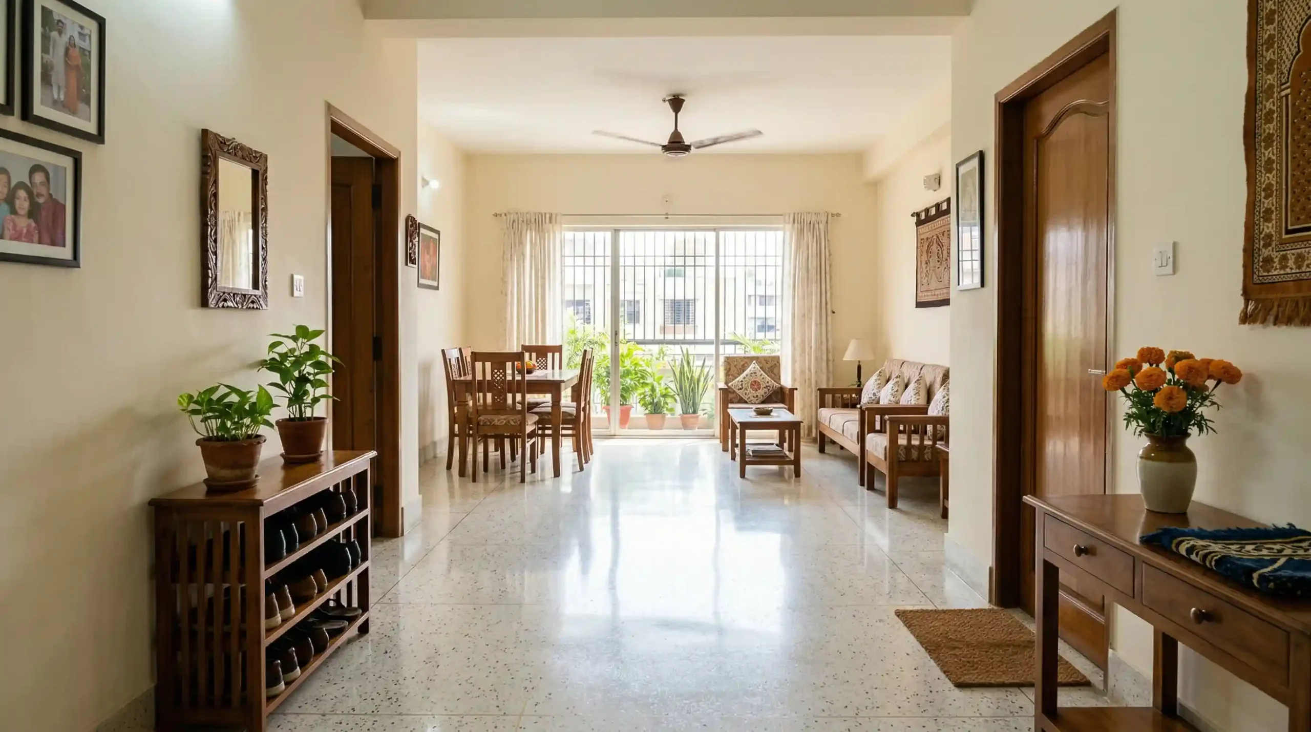 Wide-angle view from the main entrance of a Bangladeshi home looking toward the living-dining area. Polished white mosaic floor is clear of clutter. Light filters through cotton curtains on a barred window. Solid segun wood furniture is neat.