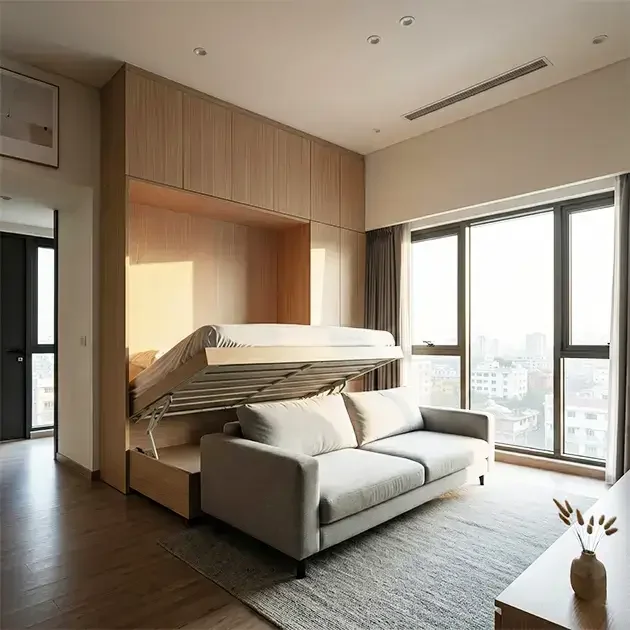 A light wood Murphy bed lowering over a modern grey sofa in a Japandi-inspired apartment, featuring floor-to-ceiling wooden cabinets and a textured grey rug.