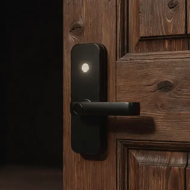 Modern matte black smart door lock with an illuminated biometric fingerprint icon installed on a textured dark wood door.
